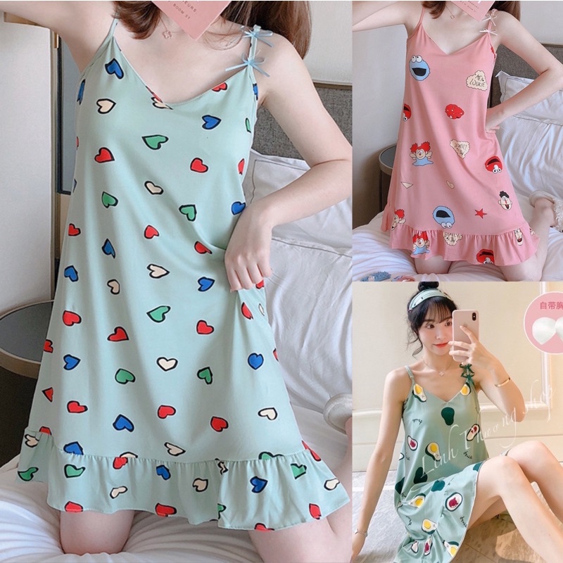 Váy ngủ, váy mặc ở nhà 2 dây có đệm ngực - Chất thun mềm mại, thoáng mát