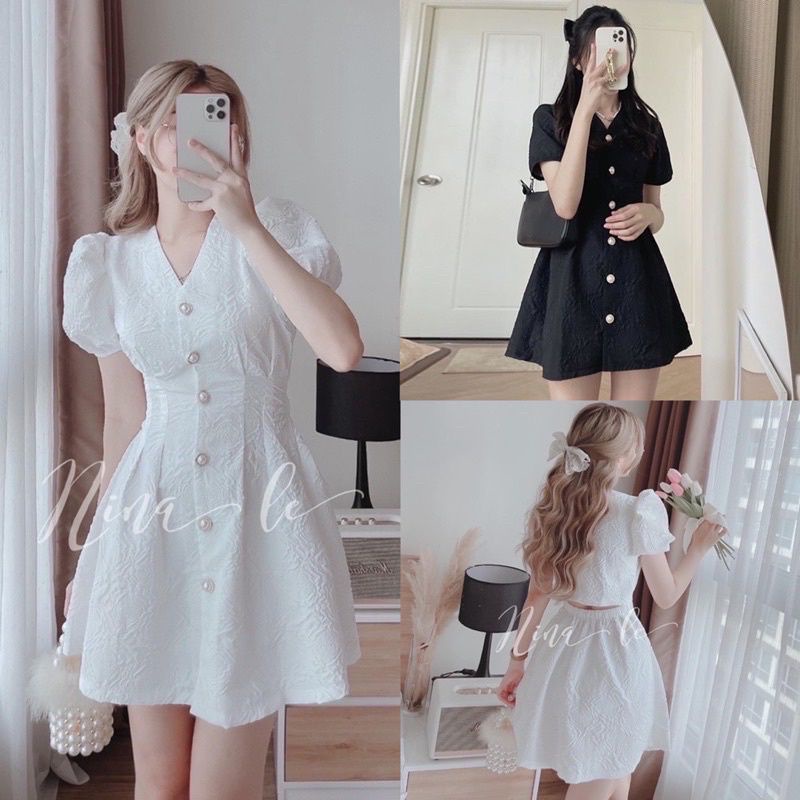 Váy xốp hoa cổ V cúc ngọc.Đầm tiểu thư tay bồng, dáng xoè, cut out dễ thương, chun lưng ❤️