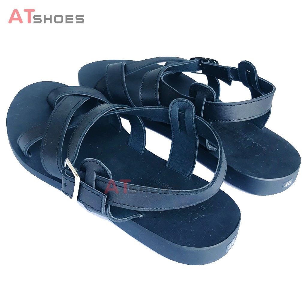 Dép Sandal Unisex cao cấp Da Bò Thật Sandal xỏ ngón nam nữ chuẩn kiểu Hàn Quốc Trẻ Trung Atshoes AT40(Đen)
