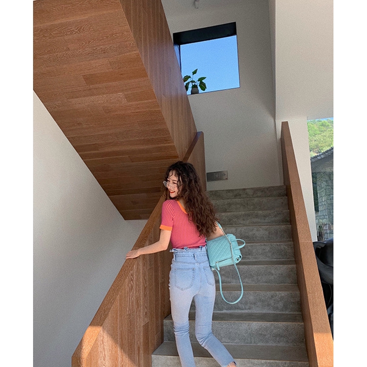 SUXI Áo Kiểu Tay Ngắn Cổ Vuông Họa Tiết Kẻ Sọc Thời Trang Cho Nữ