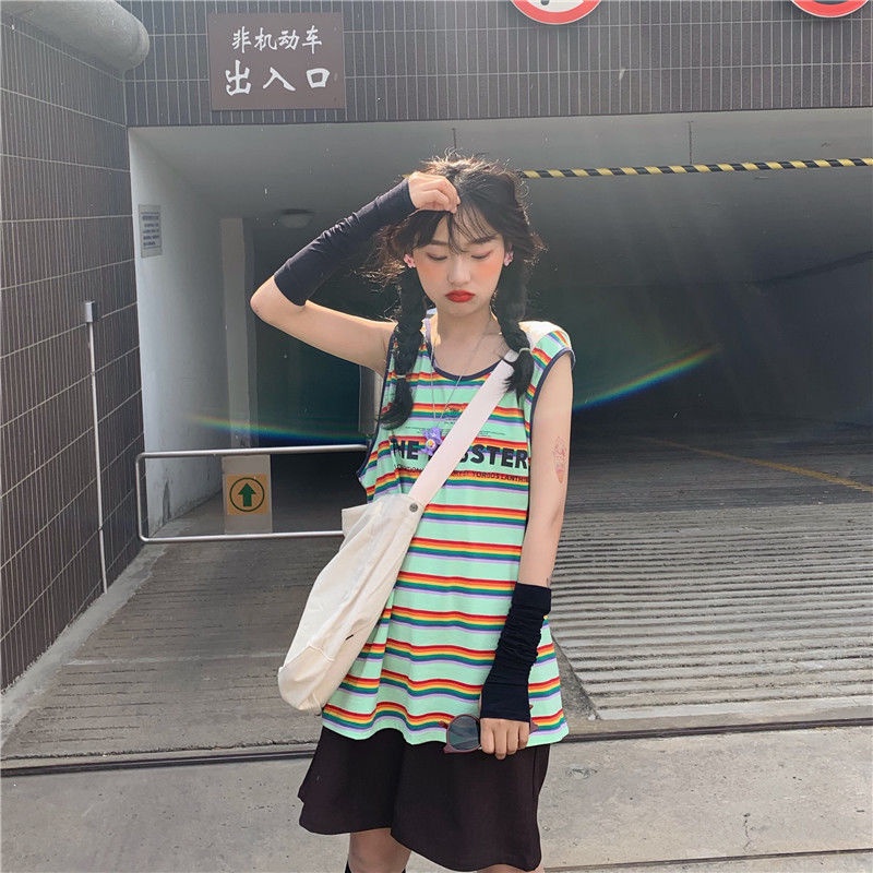 Áo không tay nữ Dáng Rộng In Chữ Màu Cầu Vồng Phong Cách Hàn Quốc Hàng Mới