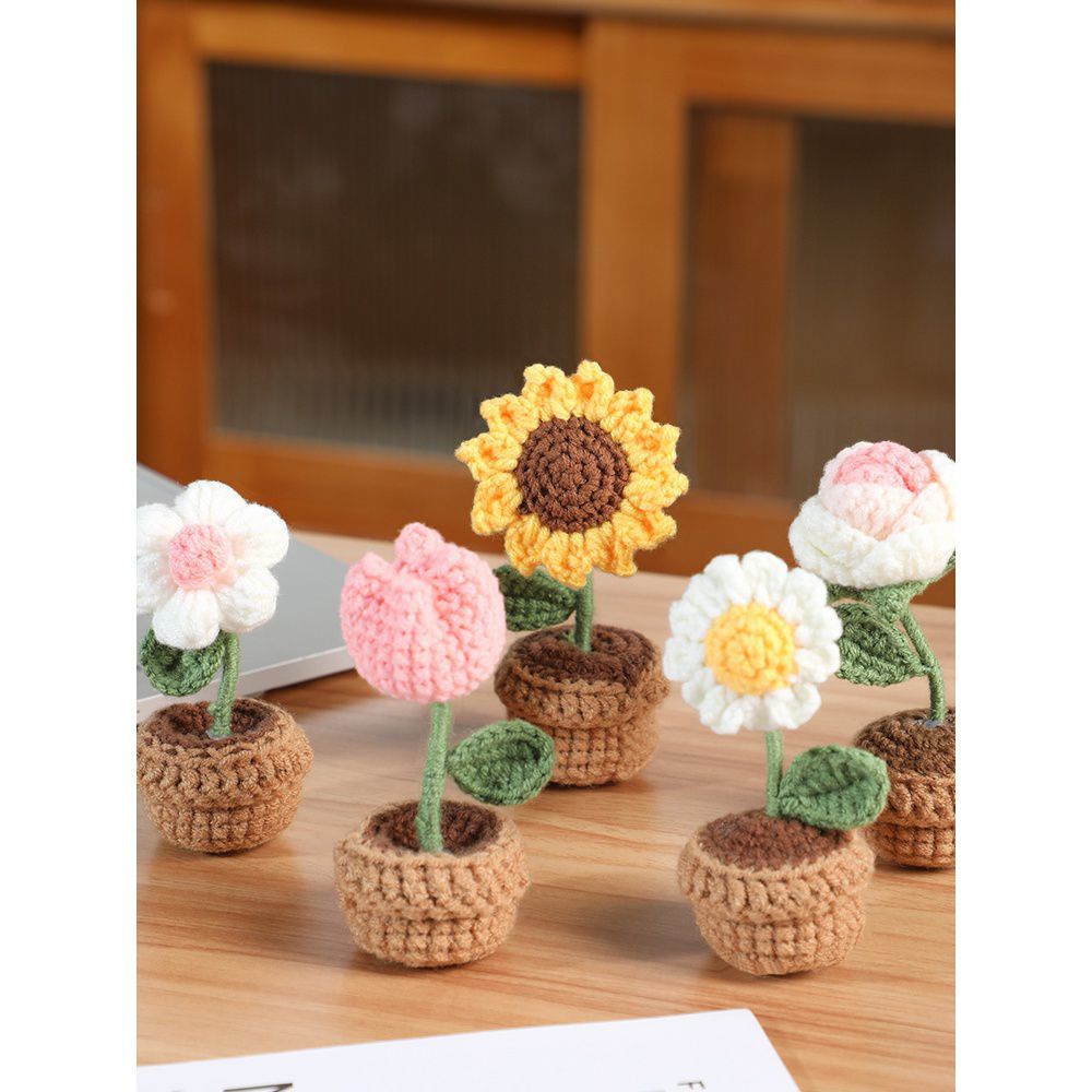 [DIY]Tự làm bộ quà tặng bằng sợi dệt kim tự làm bằng tay. Tự làm bó hoa trong chậu nhỏ của riêng bạn#hoa hướng dương len#hoa đan len#hoa đan bằng len