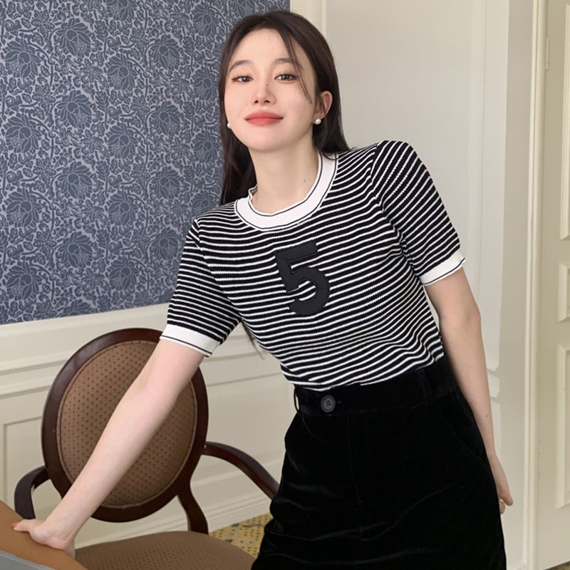 Áo Thun Dệt Kim Tay Ngắn Dáng Ôm Kẻ Sọc Màu Sắc Tương Phản Co Giãn Phong Cách Hàn Quốc