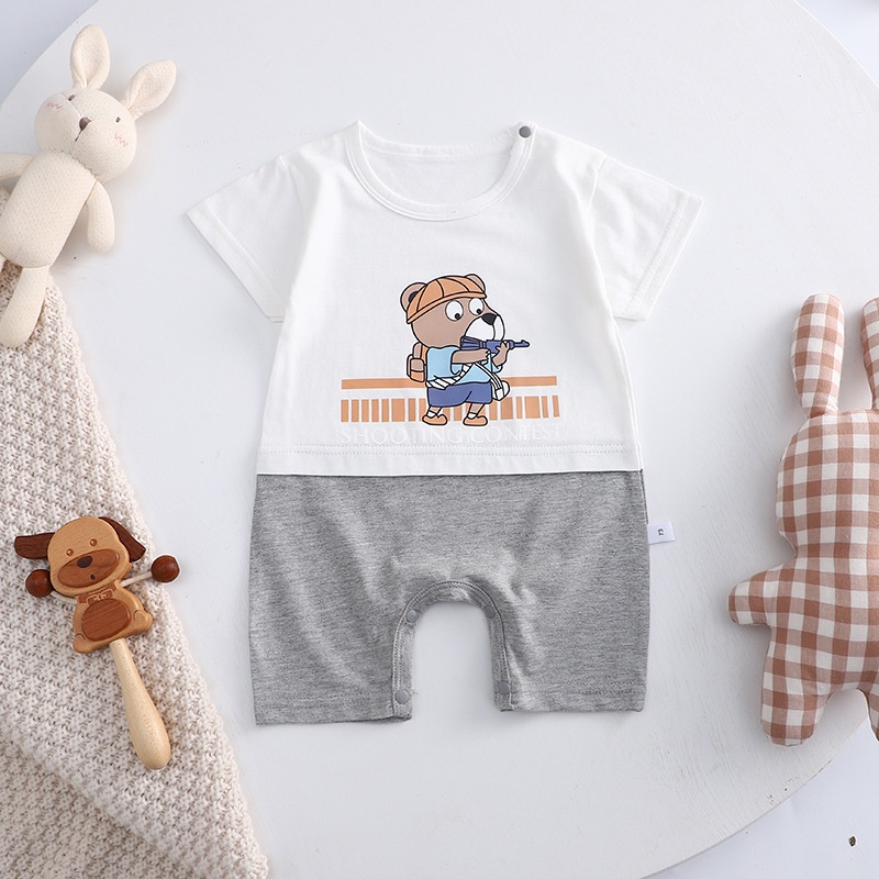 Bộ Áo Liền Quần Tay Ngắn Bằng Cotton Giả Nhiều Màu In Họa Tiết Động Vật Hoạt Hình Cho Bé Sơ Sinh 0-24 Tháng
