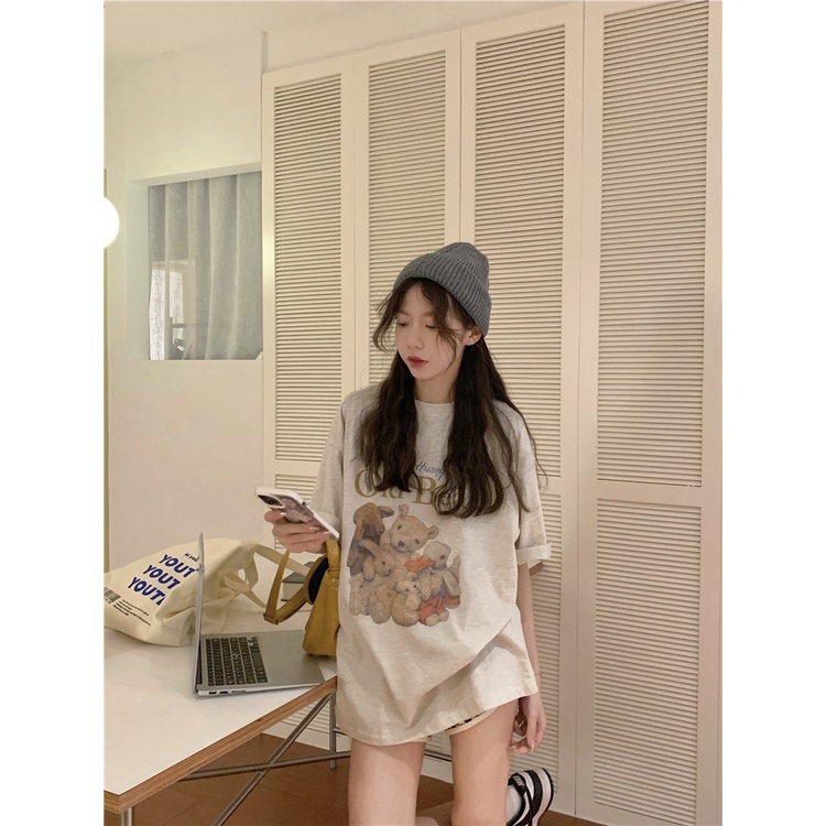 Áo thun IELGY tay ngắn dáng rộng in hình chú gấu dễ phối đồ cá tính cho nữ