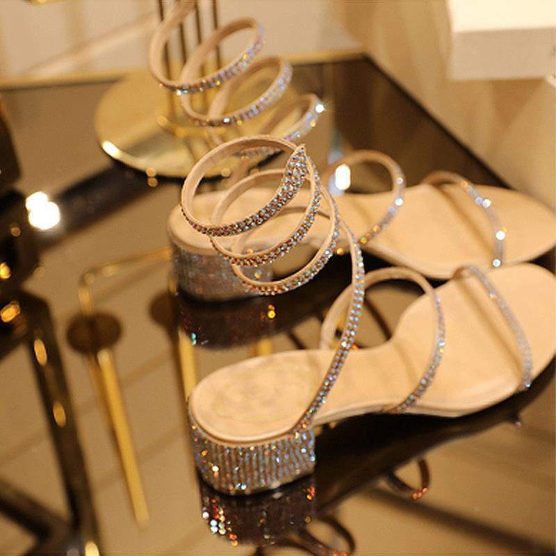 Giày Sandal Hở Ngón Gót Dày Hở Ngón Quai Xích Đính Đá Giả Da Rắn Tròn Phong Cách La Mã Thời Trang Mùa Hè Dành Cho Bạn Nữ