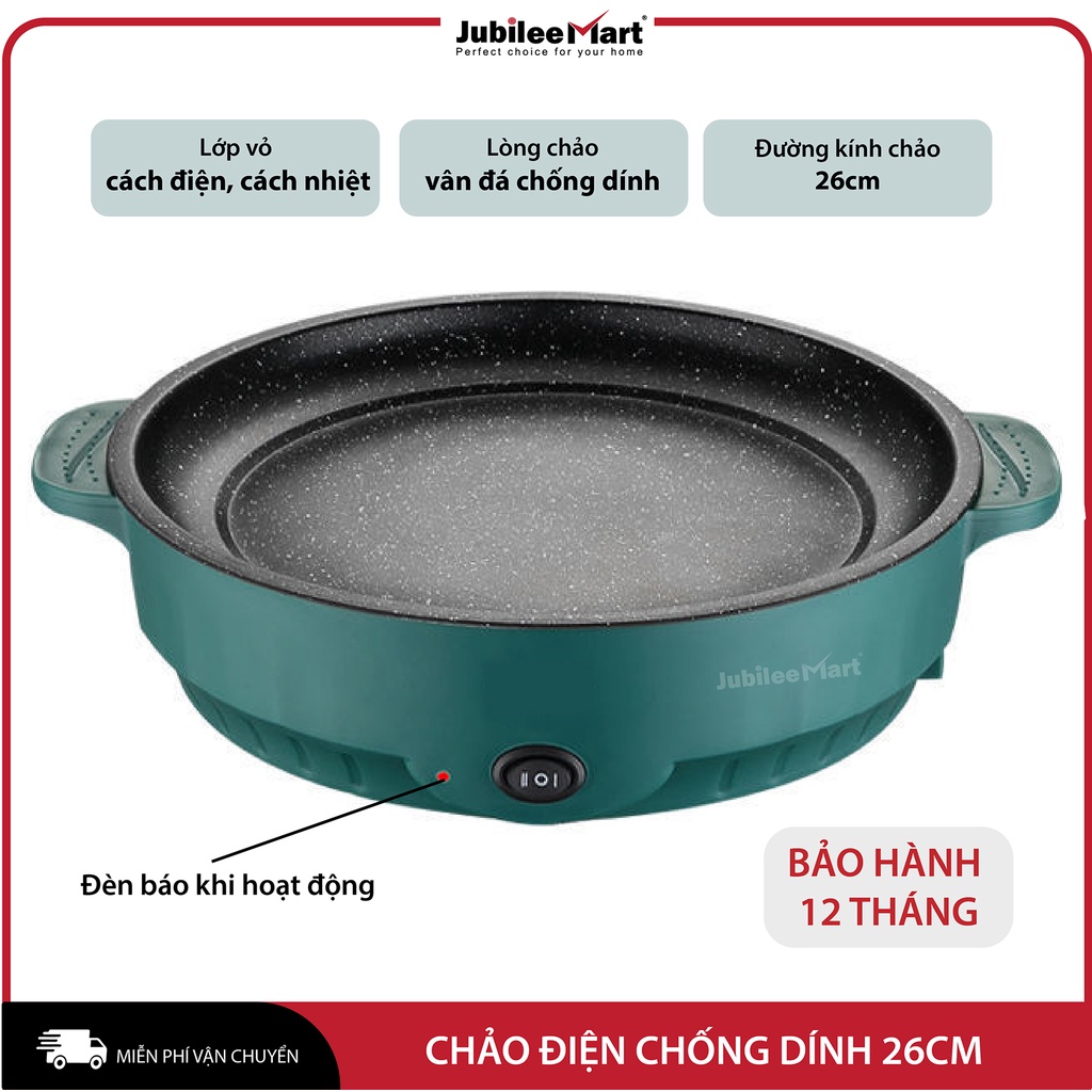 Chảo Nướng Điện Mini Đa Năng 26cm chiên, xào 2 nấc nhiệt ngắt điện an toàn công xuất lớn vân đá dễ dàng vệ s