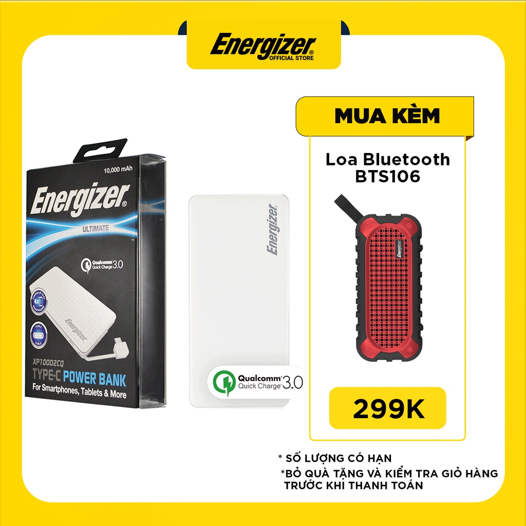 Pin sạc dự phòng Energizer 10,000mAh Quick Charge 3.0 - XP10002CQ tích hợp cáp USB-C