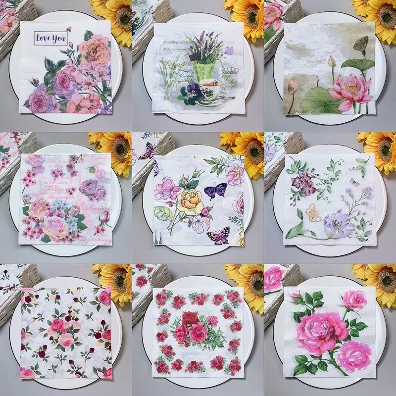 Set 20 Khăn Giấy Họa Tiết Hoa Và Bướm Trang Trí Tiệc Cưới / Giáng Sinh