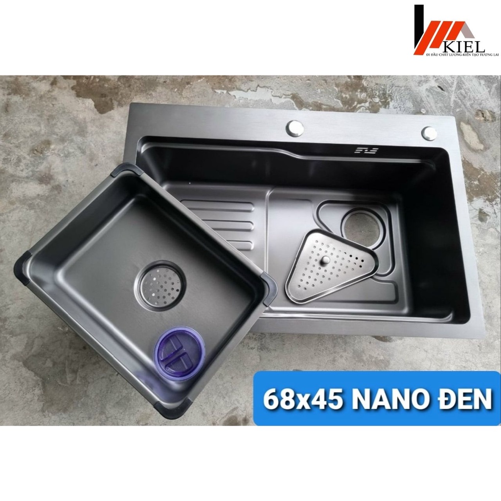 Chậu bồn rửa bát chén 1 hố lớn nano inox 304 dày 3.5 ly giật cấp kích thước 68x45 chính hãng, bảo hành 24 tháng