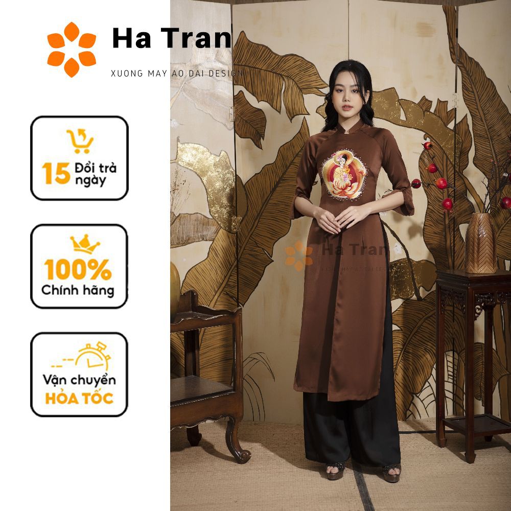 Áo dài cách tân đi lễ chùa cao cấp thêu phật màu nâu chất liệu lụa mềm mịn lịch sự sang trọng Madam Hà Trần