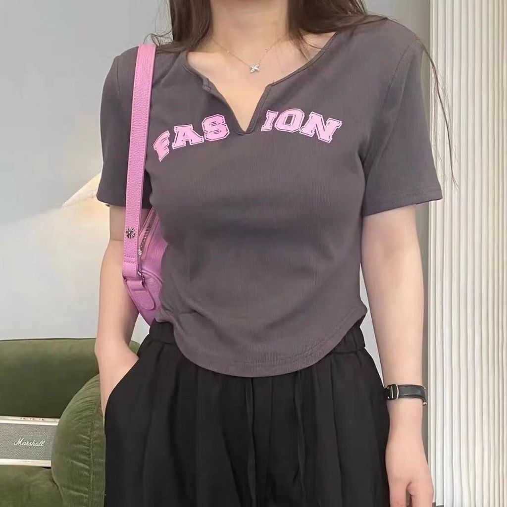◐❏┇Áo Thun Tay Ngắn Cổ Chữ V In Chữ Thời Trang Dành Cho Nữ