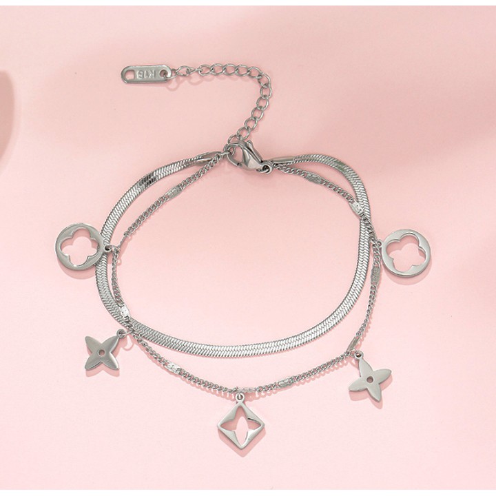 Lắc tay titan coa cấp kiểu 2 tầng dây mì+dập nhí rớt hoa 4 cánh cách điệu siêu đẹp, bền màu, hợp thời trang dễ phối đồ