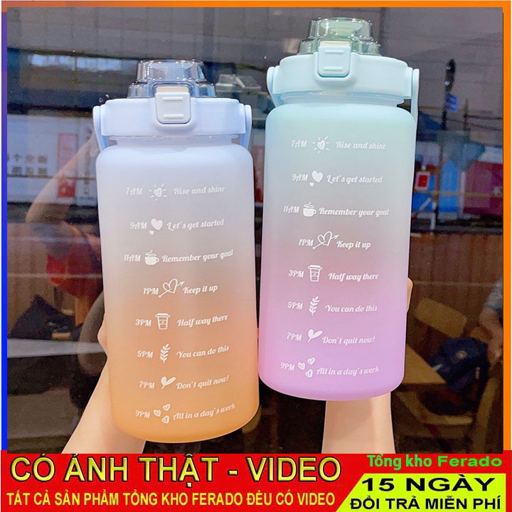 Bình Nước 2 Lít Chất Liệu An Toàn - Chai Đựng Nước Có Vạch Báo Giờ Tiện Lợi Nam Nữ Trẻ Em Bình 1L 1,4L 2L FERADO
