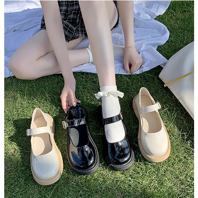 Giày Mary Jane mũi tròn quai cài da mềm bóng đi êm chân đế 4cm