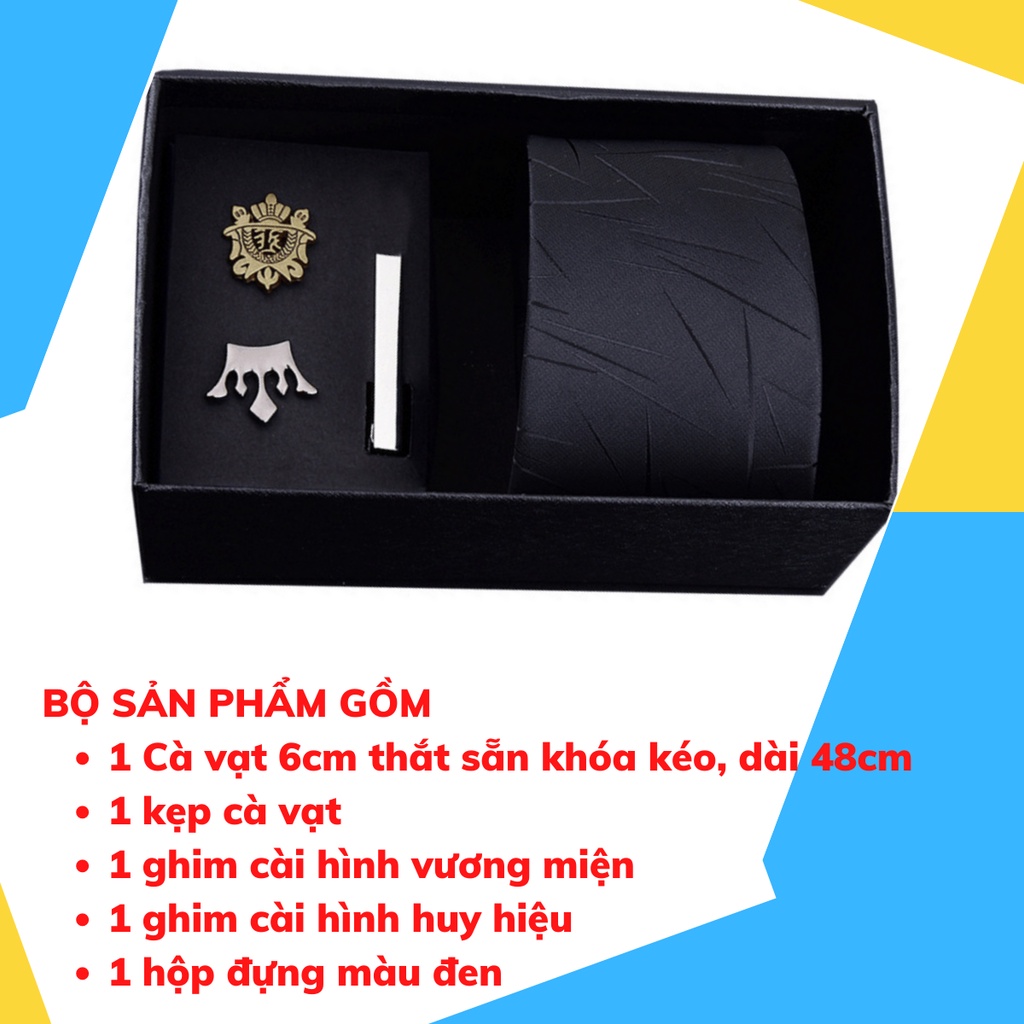 Bộ Cà vạt 6cm làm Quà tặng cho nam, gồm Cà vạt thắt sẵn khóa kéo bản nhỏ, Kẹp cà vạt, Ghim cài áo thời trang Nam CCV-04A