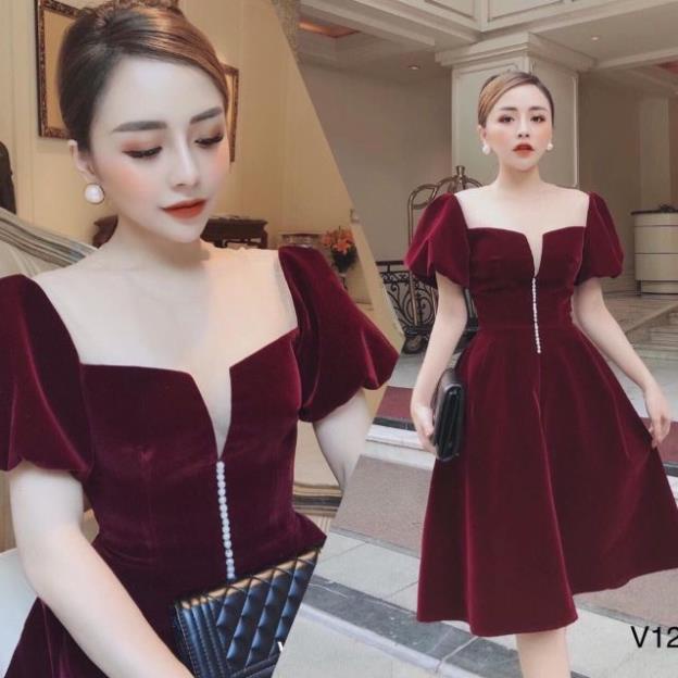 T100-Đầm xoè tay phồng nhung phối lưới cao cápp thời trang dự tiệc, dạ hội màu đỏ đô cực sang chảnh TASA