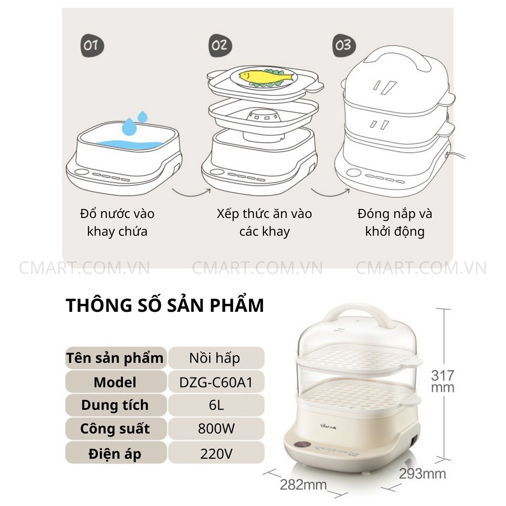 [Mã 229ELSALE hoàn 7% đơn 300K] Nồi Hấp Hai Tầng Bear DZG-C60A1 Chính Hãng Dung tích 6L [CMART.COM.VN]