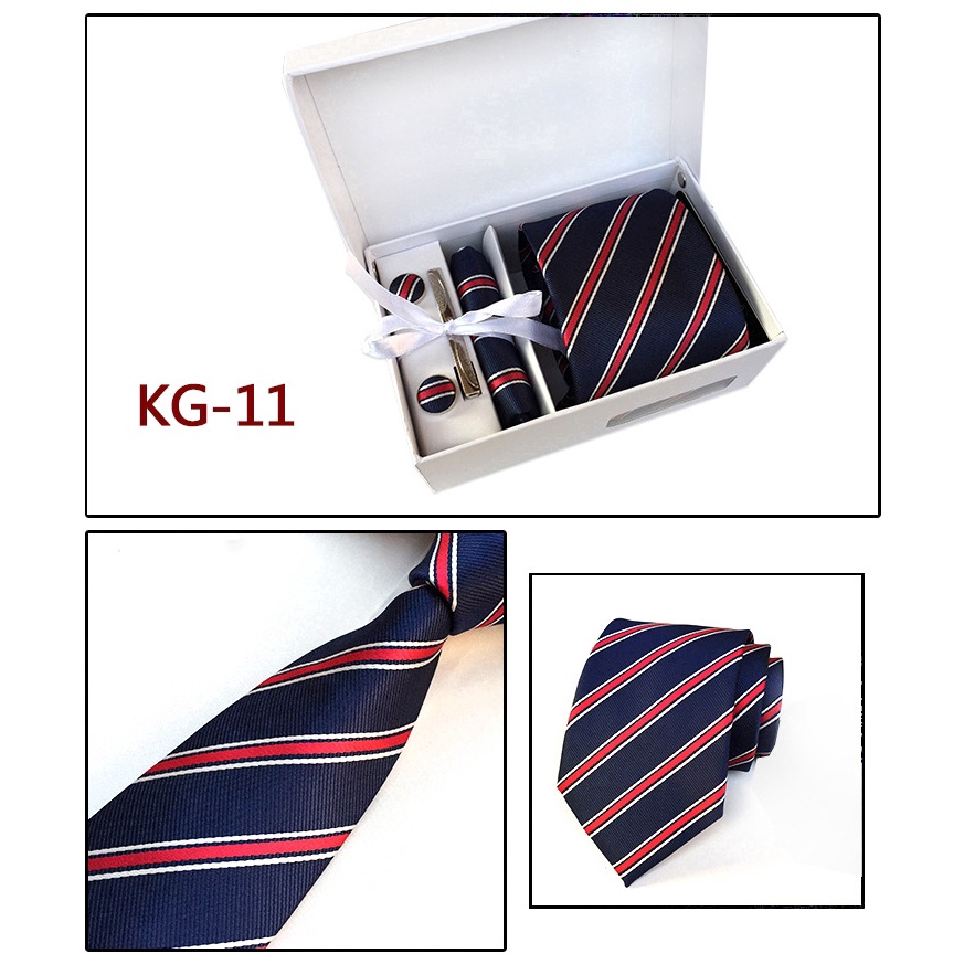 Efan Bộ Khăn Tay Kẹp Cà Vạt Kẻ Sọc Màu Xám Bạc Cho Nam