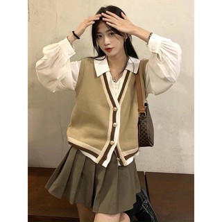 Áo gile len nữ trơn cải viền cúc đồng , Áo len gile kiểu form rộng Hàn Quốc