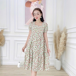 Váy Hoa Dạo Phố NHẬT VY Cổ Vuông Tay Ngắn Phồng Chiết Eo Dáng Xoè Chất Mango Màu Xanh Bơ, Cốm, Vàng - D2419