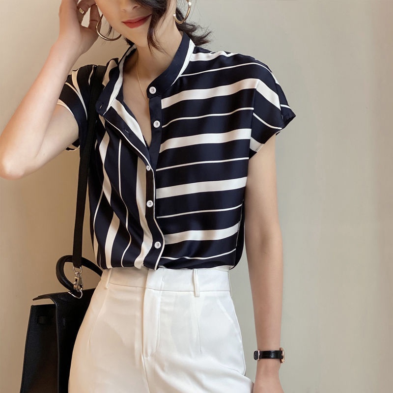 Áo Sơ Mi Chiffon Ngắn Tay Họa Tiết Kẻ Sọc Phong Cách Phương Tây Thời Trang Mùa Hè Hàng Mới Dành Cho Nữ