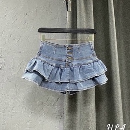 Chân váy jean lưng cao xòe tầng kiểu 3 nút trước cực hot , chất jean mềm mịn co giãn