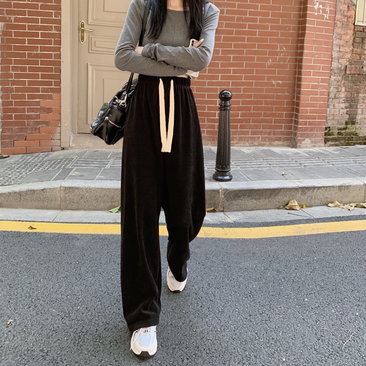 QADCOL Quần dài QADCOL lưng cao ống rộng màu trơn phối dây rút thời trang cá tính cho nữ