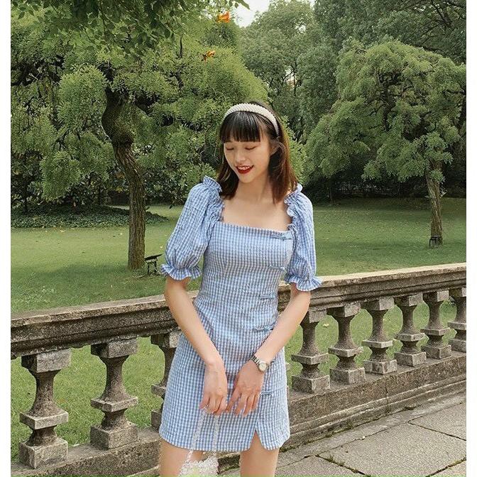 Đầm Body Bẹt Vai Caro Xanh Tay Ngắn Thiết Kế Kết Nút Lạ Mắt Cực Xinh Cho Nữ Phong Cách Trẻ Trung Cá Tính.