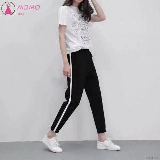 Quần thun màu đen sọc kẻ trắng lưng cao duyên dáng dành cho nữ