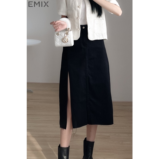 Chân váy jean xẻ chân EMIX, chân váy midi dáng dài, 1 lớp, cạp cao, dài 78cm, chất jean đứng dáng, xẻ chân cuốn hút CvJe
