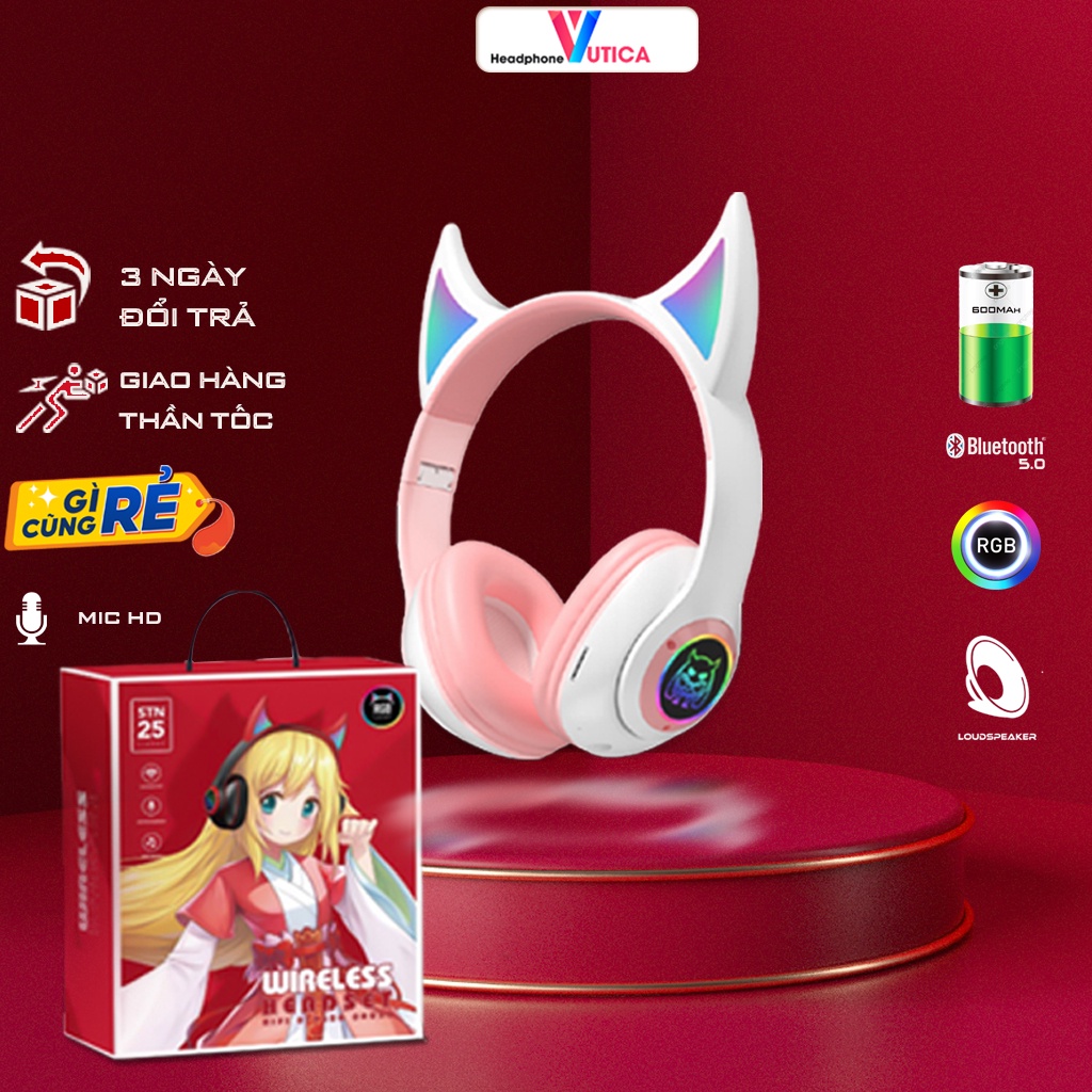 Tai nghe mèo bluetooth chụp tai cao cấp demon STN25 có míc cách âm led RGB kết nối V5.0 pin 400mAh , âm thanh HiFi