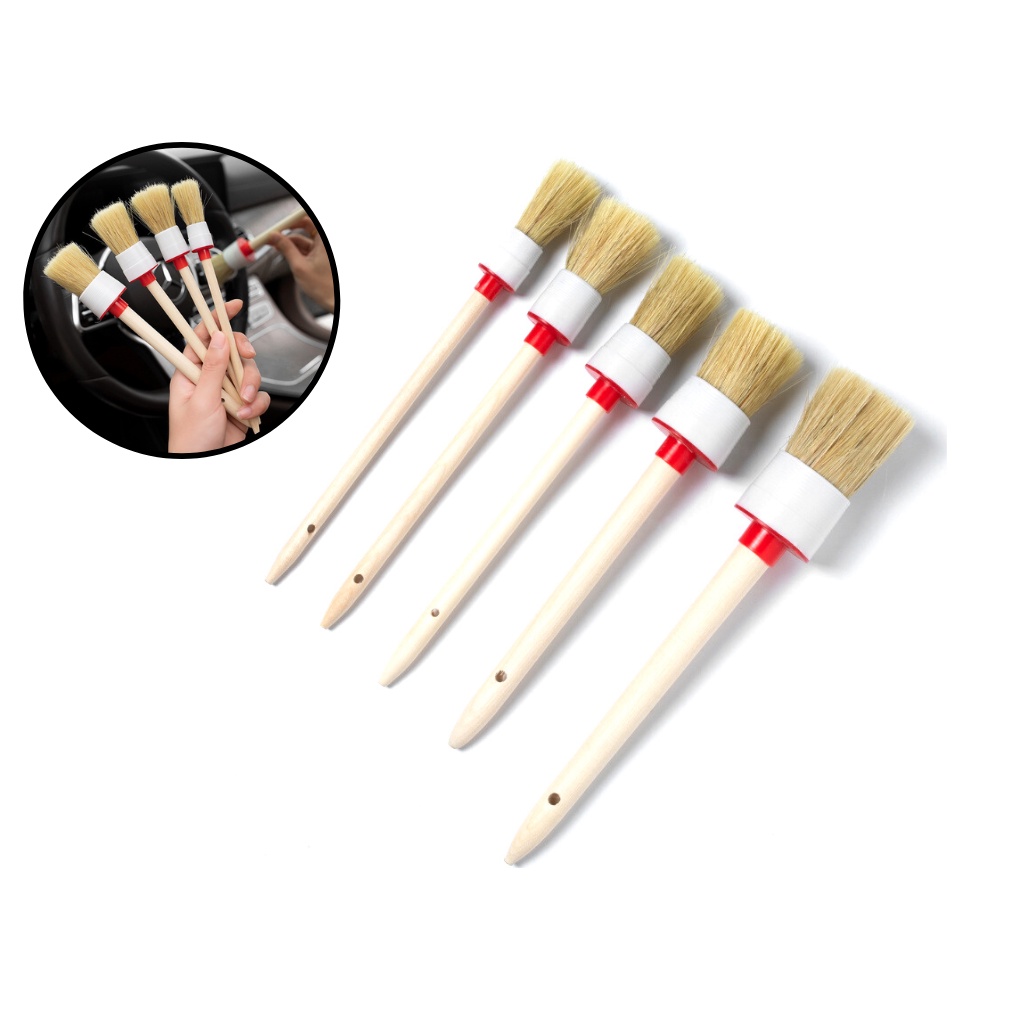 Combo 5 Chổi Lông Heo Tổng Hợp Cán Gỗ Vệ Sinh Nội Thất Và Chi Tiết Xe Không Gây Xước