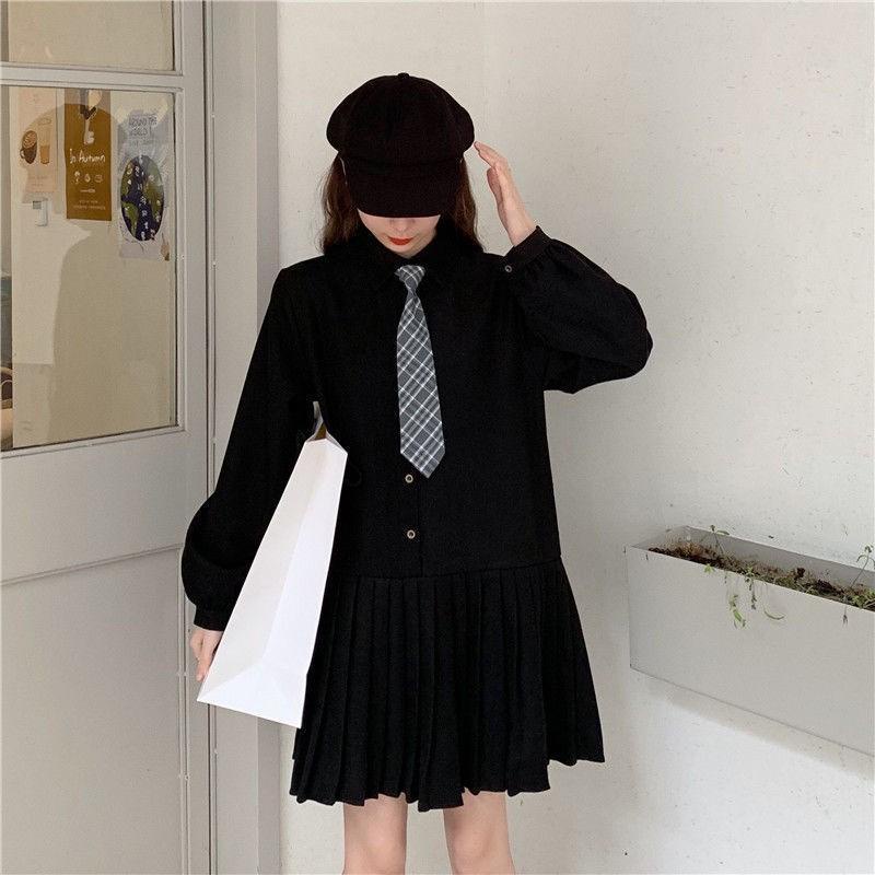 Set đầm tay dài dáng rộng thiết kế kiểu chân váy tennis + cà vạt ca rô + áo ghi lê dáng rộng thời trang