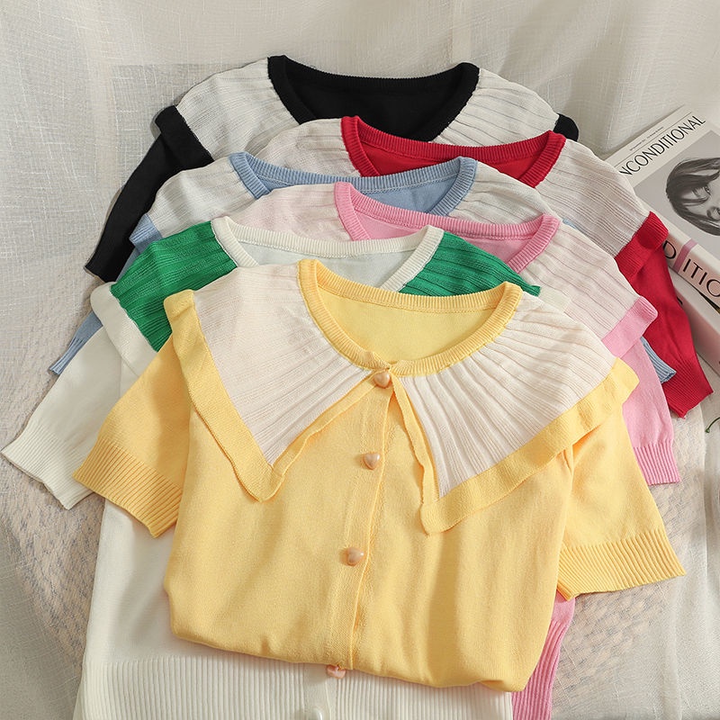 Áo Cardigan Dệt Kim Mỏng Tay Ngắn Cổ Búp Bê Màu Sắc Tương Phản Thời Trang Mùa Hè Cho Nữ