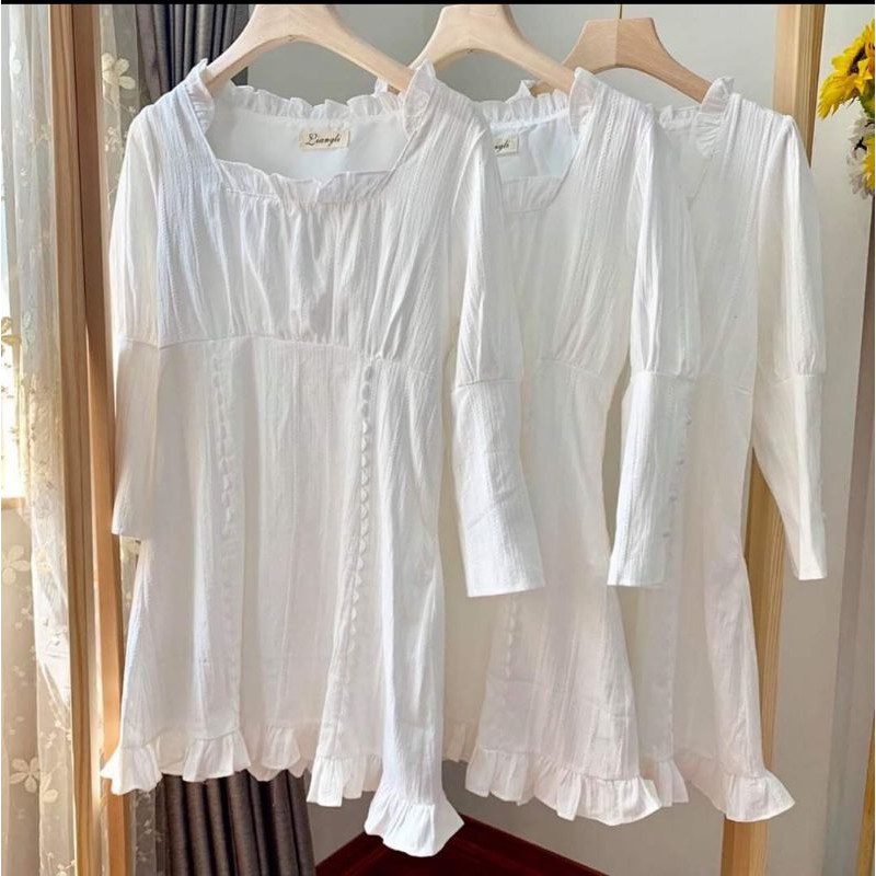 [Sẵn ảnh thật]_Đầm trắng cổ vuông tay lỡ nút ngọc ulzzang hàn quốc siêu phẩm | BigBuy360 - bigbuy360.vn