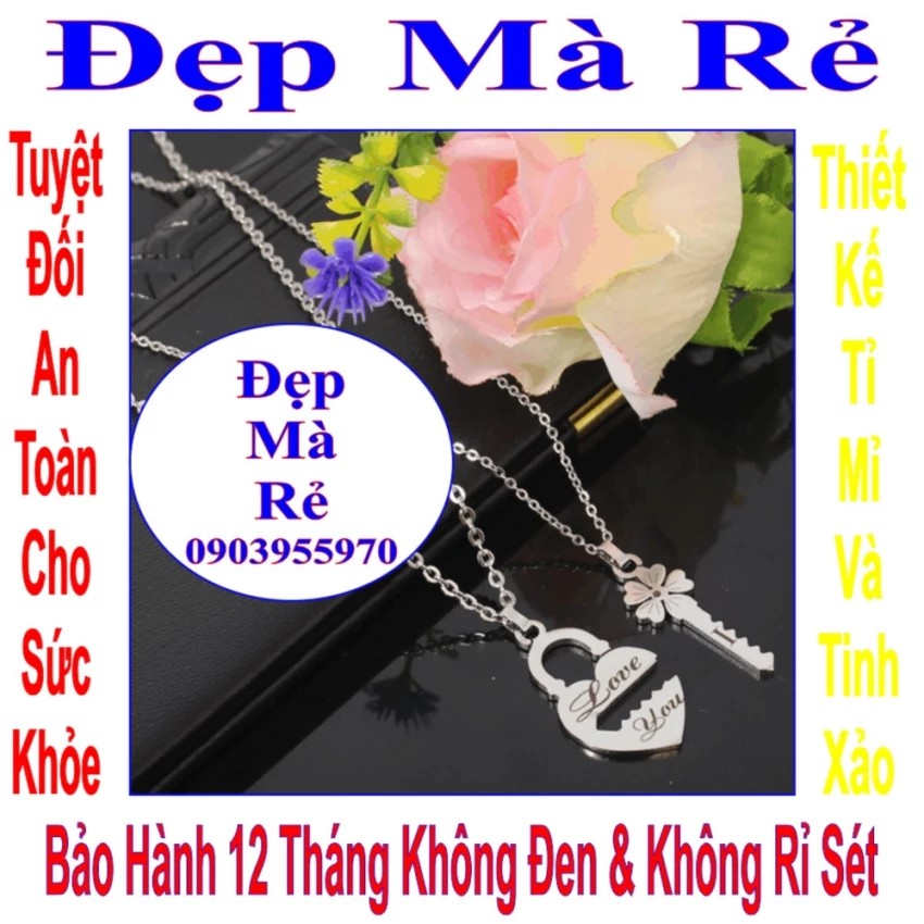 Dây chuyền chìa khóa và ổ khắc chữ Love You & chìa kết hợp cỏ 4 lá - Giá bán trên = 2 sợi như hình