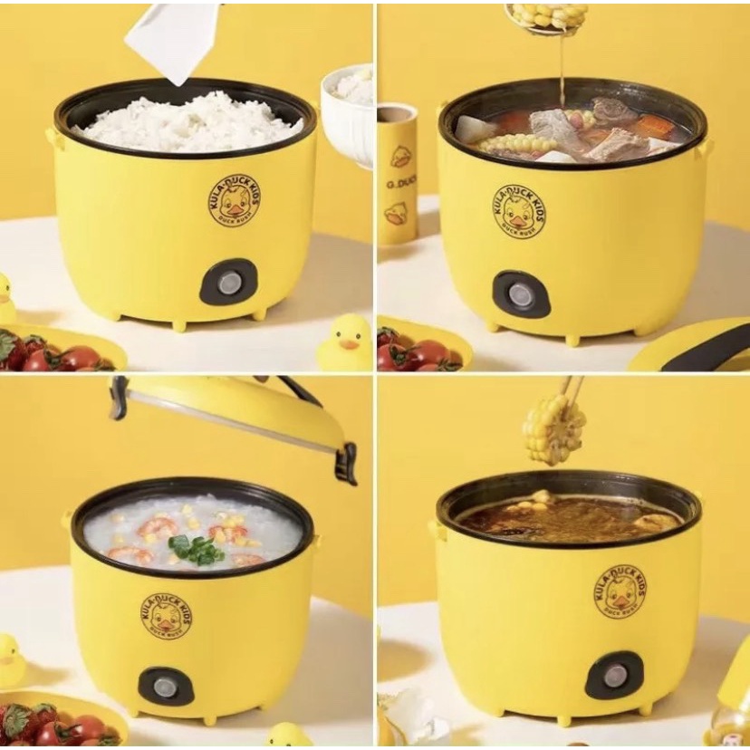 [FREESHIP] Ca Nấu Mì, Nồi Lẩu Điện 18Cm Con Vịt Vàng Đa Năng Mini Kèm Xửng Hấp Inox.