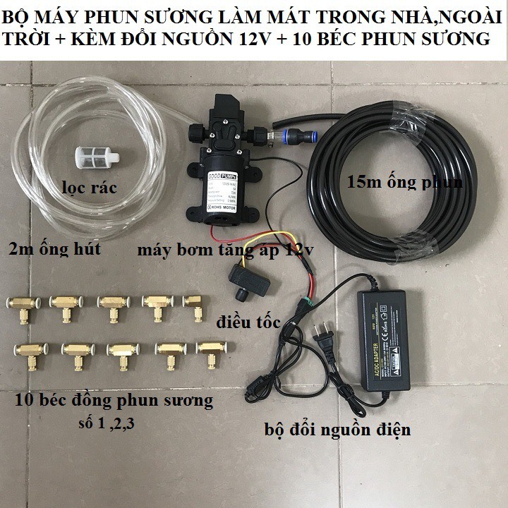 bộ máy phun sương làm mát trong nhà 10 béc số 1,2,3 - 12v kèm đổi nguồn và điều tốc