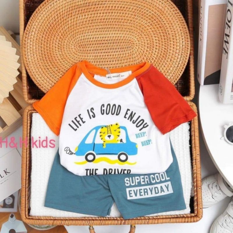 Bộ cộc tay bé trai Minky mom thun lạnh họa tiết hoạt hình