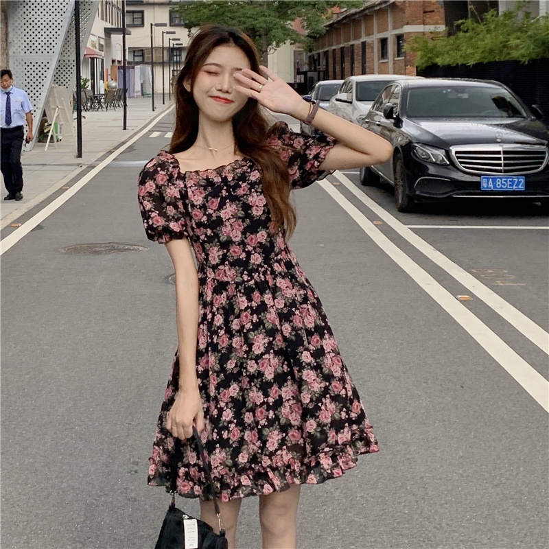 Đầm ZHELIHANGFEI chiffon có lớp lót tay ngắn phồng thiết kế trễ vai in họa tiết hoa thời trang