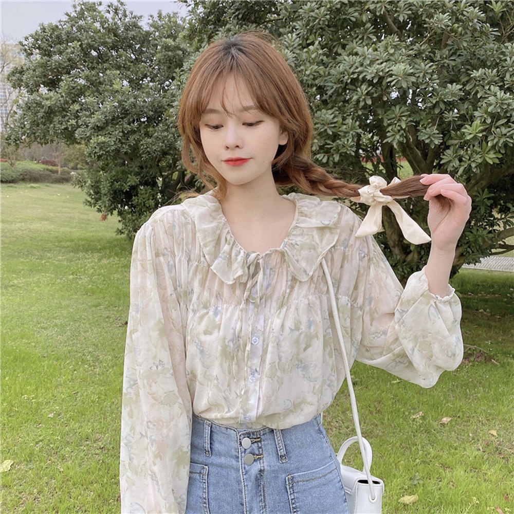 Áo Sơ Mi Tay Dài Cổ Buộc Dây Họa Tiết Hoa Ngọt Ngào Dành Cho Nữ 50180