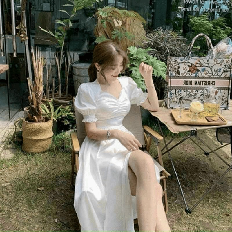 Đầm Trắng Công Chúa Tay Bồng Chất Phi Lụa 2 Lớp Có Mút Ngực Mặc Đẹp Dáng Xinh [NEW UNISEX]