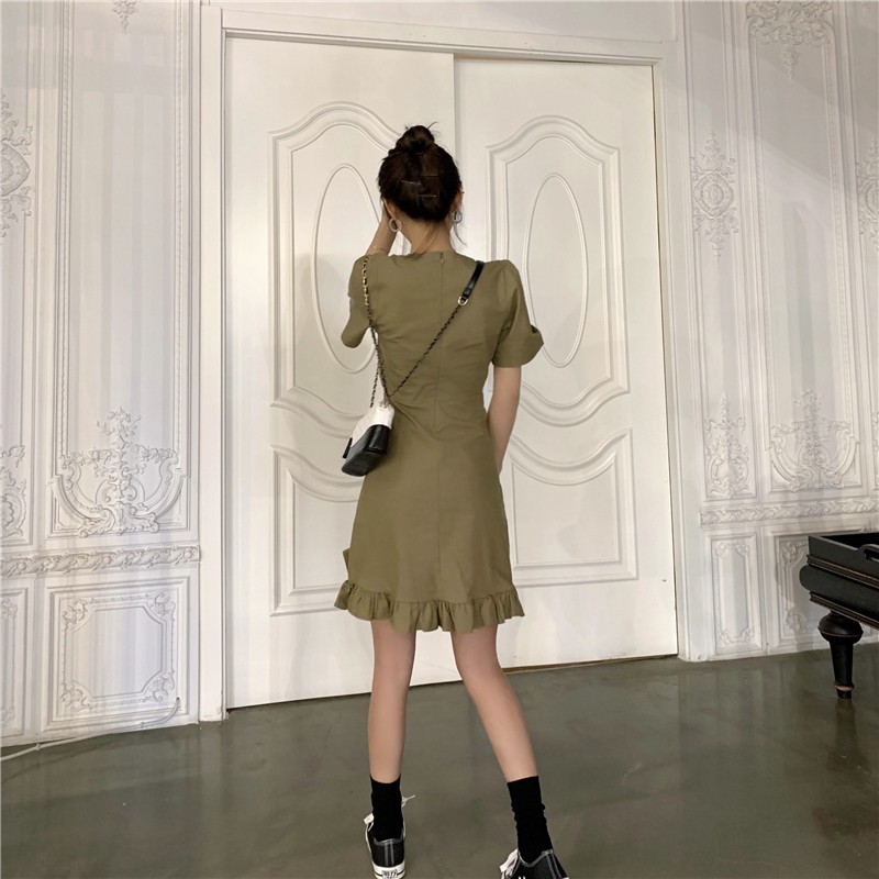 Đầm ngắn tay màu trơn đơn giản thiết kế lưng cao phong cách Hàn Quốc cho nữ | BigBuy360 - bigbuy360.vn