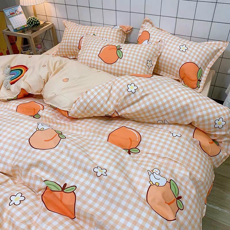 Bộ chăn ga gối Cotton poly M2T bedding, vỏ chăn mền, drap ga giường và 2 vỏ gối - PL Đào cam kẻ