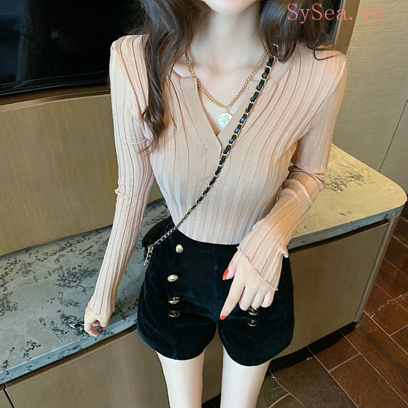 Áo Dệt Kim Tay Dài Cổ Chữ V Gợi Cảm Thời Trang Cho Nữ