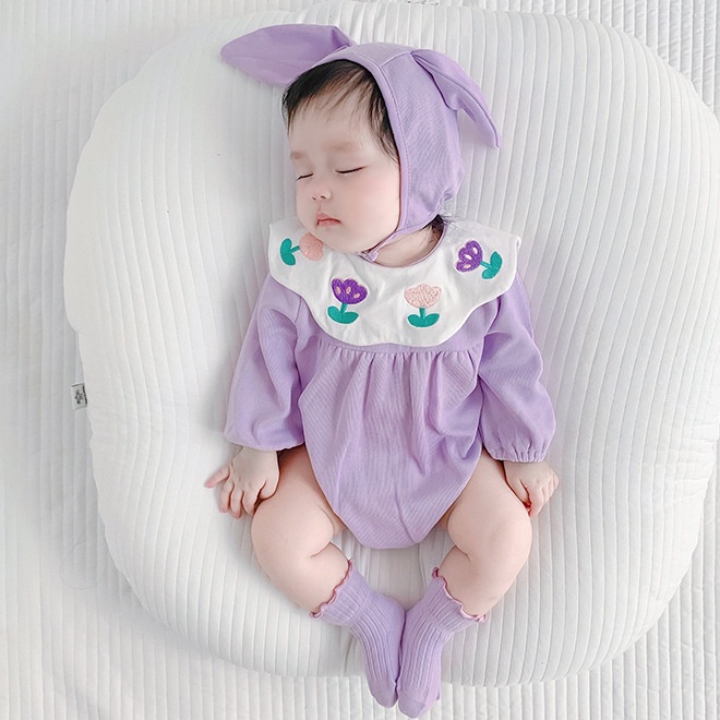 Bộ Áo Liền Quần In Hoa Tím Dễ Thương Cho Bé Gái 0-24 Tháng Tuổi