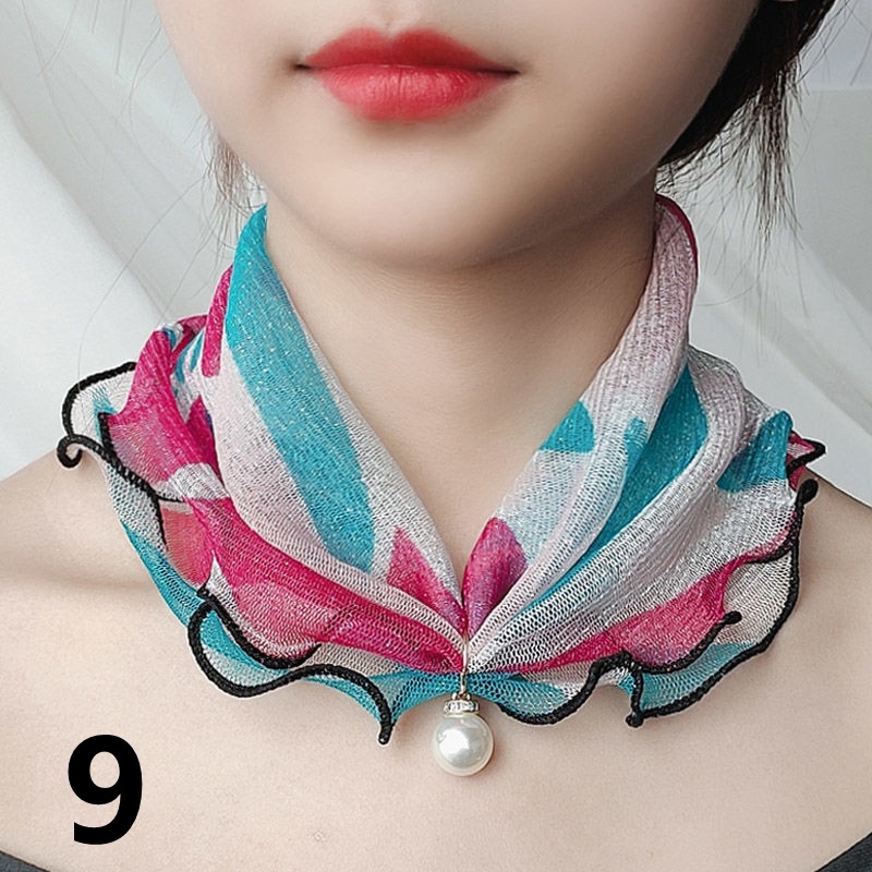 Khăn quàng cổ vải lụa vàng viền bèo phối ngọc trai đa năng thời trang 18 kiểu tùy chọn