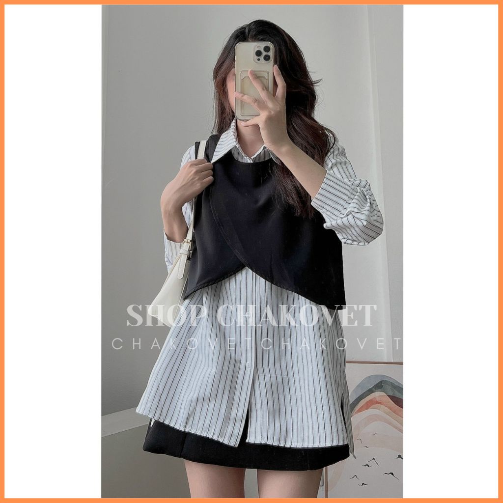 Set sơ mi nữ kèm Gile Ulzzang tiểu thư S8440 Bộ đồ nữ 2 món áo và Gile cách điệu vạt chéo cá tính phong cách Hàn Quốc
