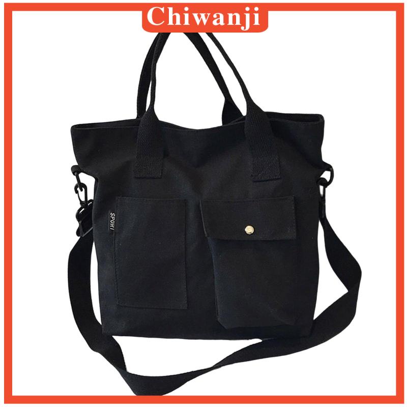 Túi Xách Tote Bằng Vải Canvas Màu Đen Có Nút Gài Tiện Dụng Cho Văn Phòng